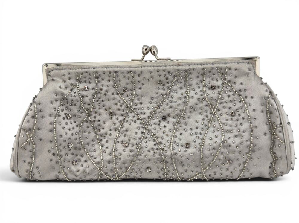 Carlo Fellini Silver Beaded Rhinestone Evening Clutch Purse